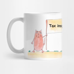 Tax inspector. Profession, work, job. Cat shows a banner with the inscription. Watercolor illustration. A gift for a professional. Mug